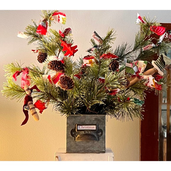 Artificial Christmas Arrangement Upcycled Tin File Drawer Holder Rag Bows - Picture 10 of 10